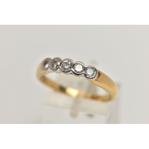 95 - AN 18CT GOLD FIVE STONE DIAMOND RING, five round brilliant cut diamonds half bezel set in white gold... 