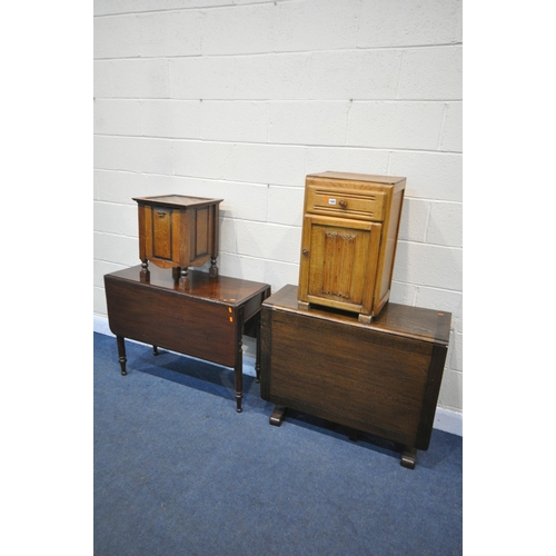 1483 - A OAK LINENFOLD BEDSIDE CABINET, along with an oak gate leg table, Victorian mahogany gate leg table... 