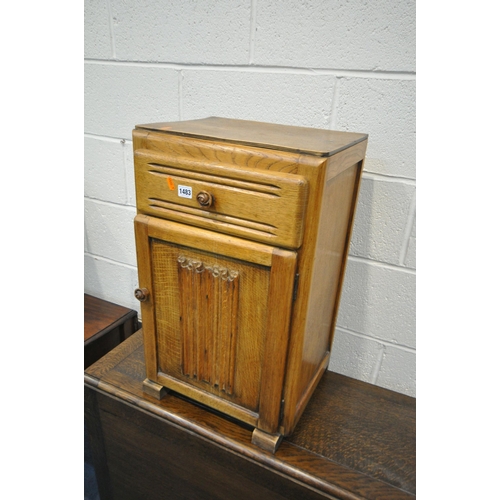 1483 - A OAK LINENFOLD BEDSIDE CABINET, along with an oak gate leg table, Victorian mahogany gate leg table... 