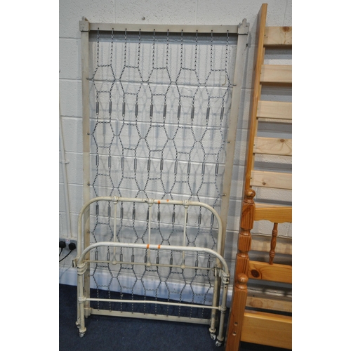 1485 - A PINE 4FT 6 BEDSTEAD along with a tubular metal single bedstead (condition:- footboard with loose j... 