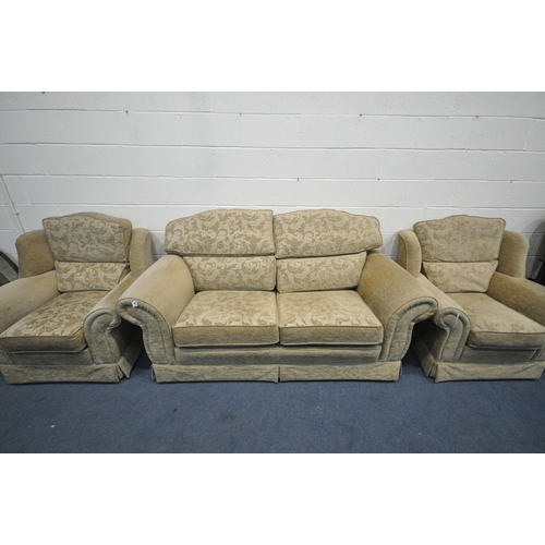 1488 - A FLORAL GOLD UPHOLSTERED THREE PIECE SUITE, comprising a two seater sofa, and two armchairs (condit... 