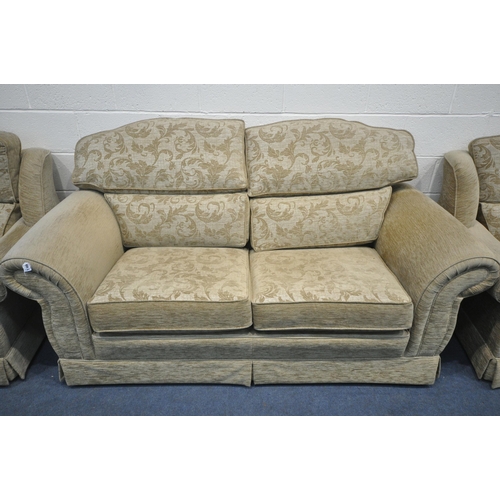 1488 - A FLORAL GOLD UPHOLSTERED THREE PIECE SUITE, comprising a two seater sofa, and two armchairs (condit... 