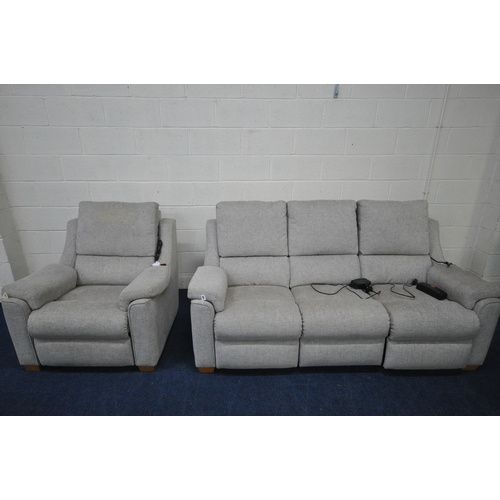 1489 - A PARKER KNOLL LIGHT GREY ELECTRIC RECLINING TWO PIECE LOUNGE SUITE, comprising a three seater sofa,... 