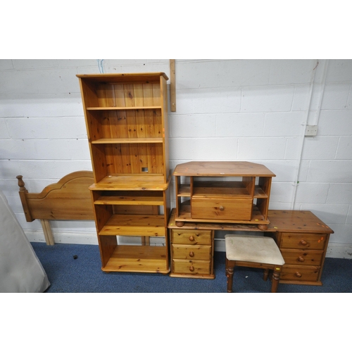 1490 - A SELECTION OF PINE FURNITURE, to include a dressing table, stool, open bookcase, a tv stand and 5ft... 