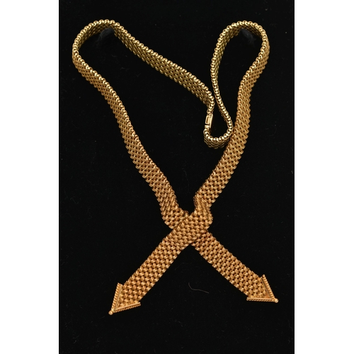 1 - AN 18CT GOLD ARTICULATED NECKLACE, flat woven articulated cross over necklace, fitted with an integr... 