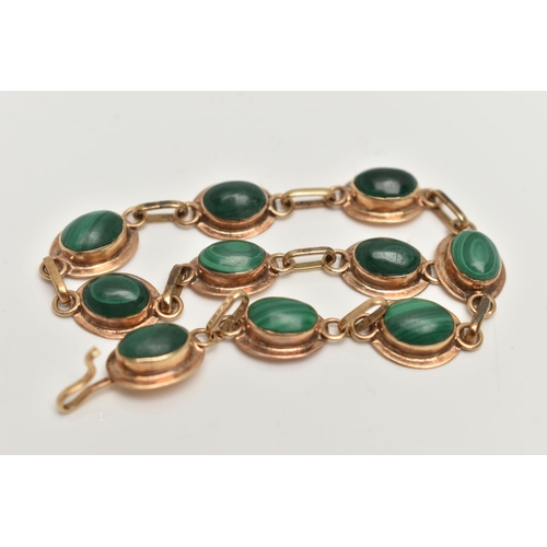 139 - A ROSE METAL MALACHITE BRACELET, designed as a series of ten oval links each collet set with a malac... 