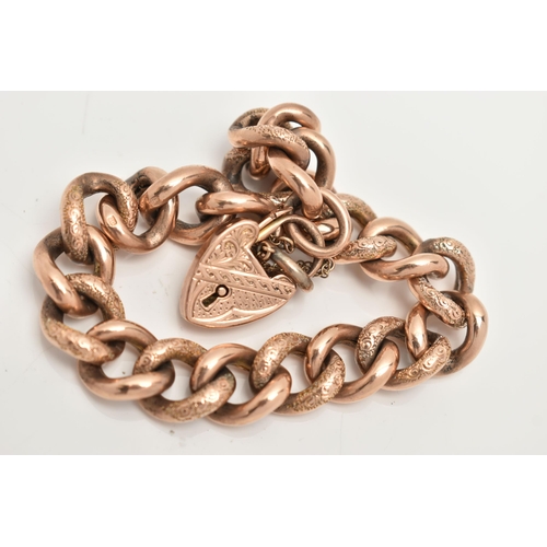 140 - A 9CT ROSE GOLD CURB LINK BRACELET WITH PADLOCK CLASP, alternating between textured and polished hol... 