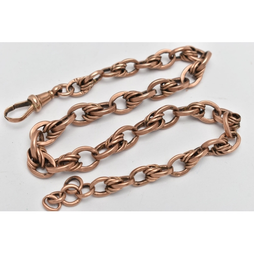 141 - A ROSE METAL ALBERT CHAIN, fancy link chain, some links stamped 9.375, fitted with a lobster clasp, ... 