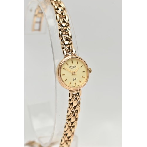 144 - A LADYS 9CT GOLD 'ROTARY' WRISTWATCH, quartz movement, round gold dial signed 'Rotary Gold', baton m... 