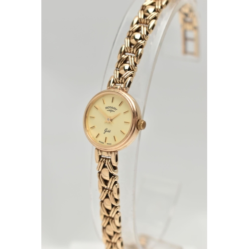 144 - A LADYS 9CT GOLD 'ROTARY' WRISTWATCH, quartz movement, round gold dial signed 'Rotary Gold', baton m... 