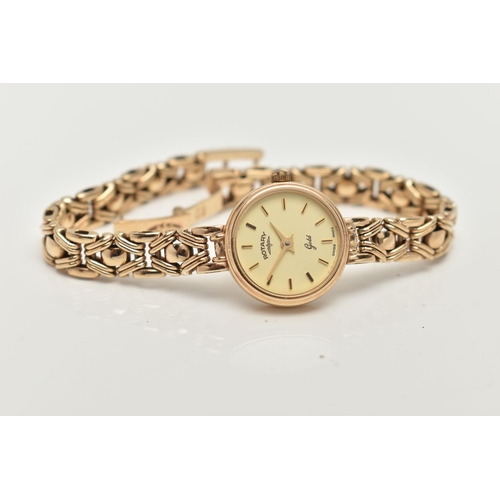 144 - A LADYS 9CT GOLD 'ROTARY' WRISTWATCH, quartz movement, round gold dial signed 'Rotary Gold', baton m... 