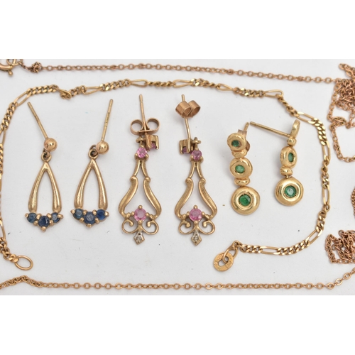 146 - A BAG OF ASSORTED JEWELLERY, to include a fine curb link chain with spring clasp, hallmarked 9ct She... 