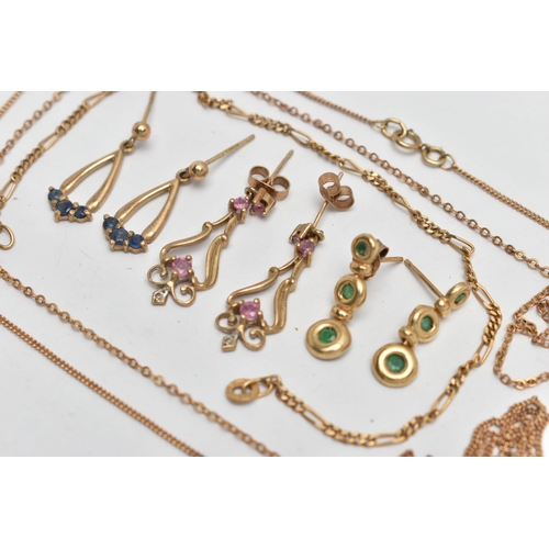 146 - A BAG OF ASSORTED JEWELLERY, to include a fine curb link chain with spring clasp, hallmarked 9ct She... 