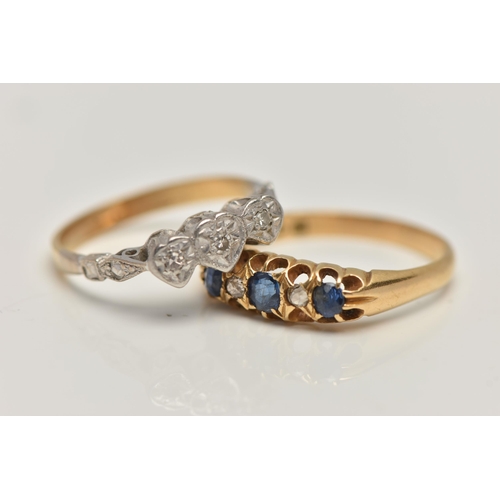 147 - TWO GEM SET RINGS, the first a three stone diamond ring, in heart surrounds, to a polished band, sta... 