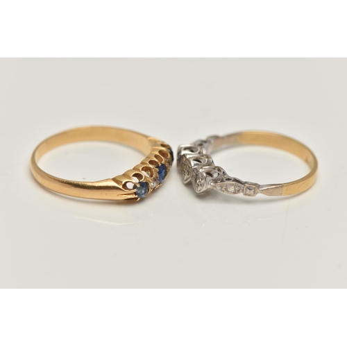 147 - TWO GEM SET RINGS, the first a three stone diamond ring, in heart surrounds, to a polished band, sta... 