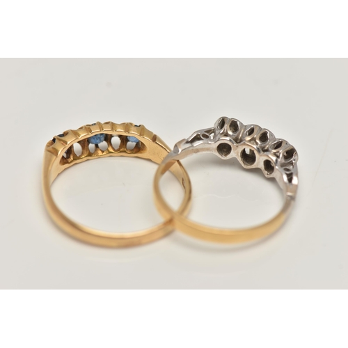 147 - TWO GEM SET RINGS, the first a three stone diamond ring, in heart surrounds, to a polished band, sta... 