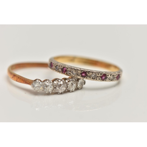 156 - TWO GEM SET RINGS, the first designed as five old cut diamonds, prong set in white metal leading on ... 