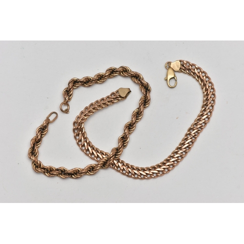 157 - TWO 9CT GOLD CHAIN BRACELETS, the first an AF yellow gold rope chain bracelet, hallmarked 9ct London... 