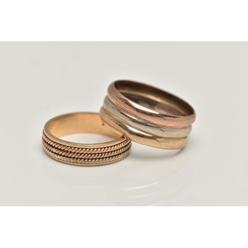 159 - TWO 9CT GOLD TRI COLOUR RINGS, the first a triple band ring, approximate width 8mm, hallmarked 9ct L... 