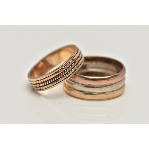 159 - TWO 9CT GOLD TRI COLOUR RINGS, the first a triple band ring, approximate width 8mm, hallmarked 9ct L... 