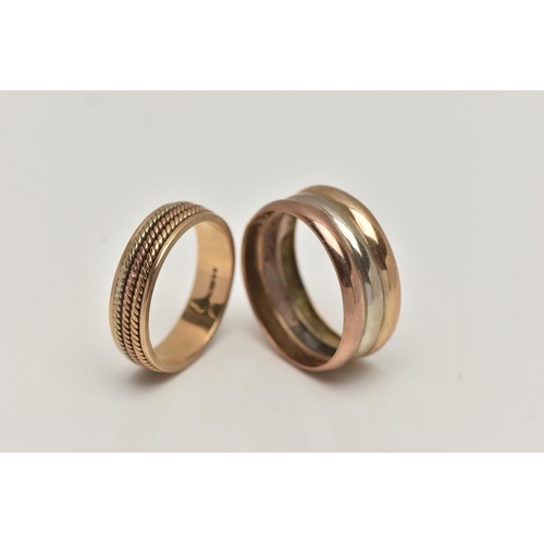 159 - TWO 9CT GOLD TRI COLOUR RINGS, the first a triple band ring, approximate width 8mm, hallmarked 9ct L... 