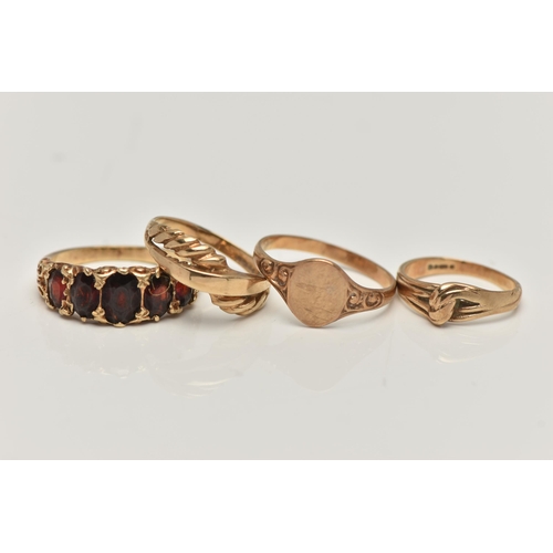 160 - THREE 9CT GOLD RINGS AND A YELLOW METAL RING, the first a yellow gold ring set with five oval cut ga... 