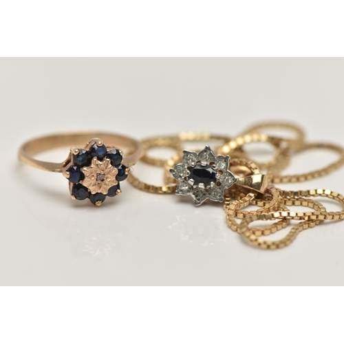 161 - A 9CT GOLD NECKLACE AND YELLOW METAL RING, oval cut sapphire set with eight single cut diamonds, lea... 