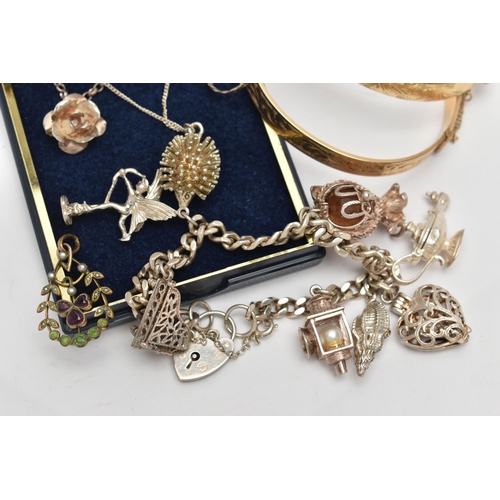 162 - AN ASSORTMENT OF JEWELLERY, to include a rolled gold suffragette style foliage design pendant, a rol... 