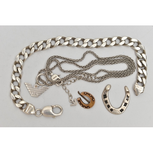 172 - FOUR PIECES OF JEWELLERY, to include a small yellow metal horse shoe brooch, unmarked, a silver hors... 