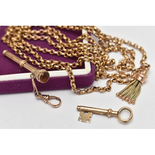 173 - A YELLOW METAL LONGUARD CHAIN WITH WATCH KEY AND PROPELLING PENCIL, textured belcher link chain, unm... 