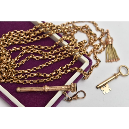 173 - A YELLOW METAL LONGUARD CHAIN WITH WATCH KEY AND PROPELLING PENCIL, textured belcher link chain, unm... 