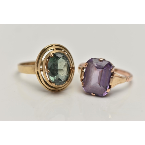 174 - TWO GEM SET RINGS, the first a yellow metal dress ring, set with a green synthetic spinel, stamped 3... 