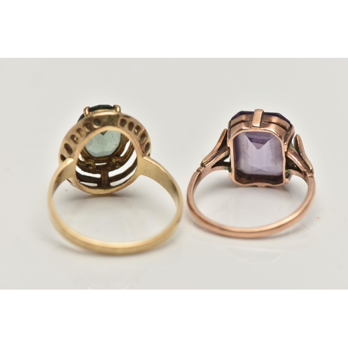 174 - TWO GEM SET RINGS, the first a yellow metal dress ring, set with a green synthetic spinel, stamped 3... 