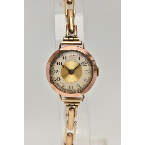 175 - A LATE VICTORIAN 9CT GOLD WRISTWATCH, the circular dial with red and black Arabic numerals, case dia... 