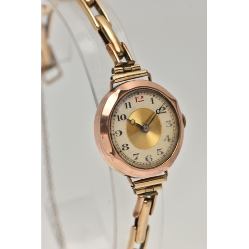 175 - A LATE VICTORIAN 9CT GOLD WRISTWATCH, the circular dial with red and black Arabic numerals, case dia... 