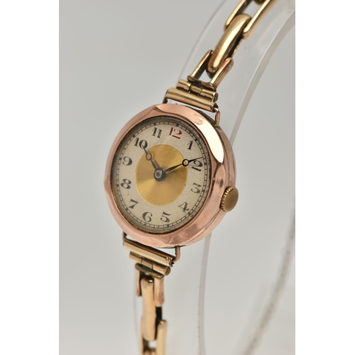 175 - A LATE VICTORIAN 9CT GOLD WRISTWATCH, the circular dial with red and black Arabic numerals, case dia... 