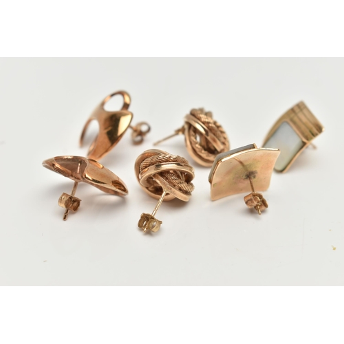 177 - A COLLECTION OF YELLOW METAL EARRINGS, to include a pair of 9ct gold knot design ear studs, with 9ct... 