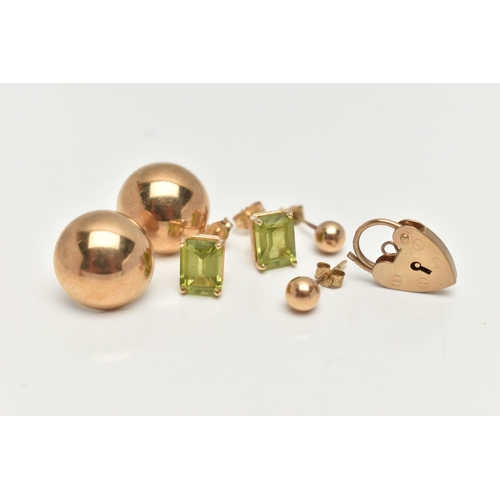 178 - A SELECTION OF YELLOW METAL JEWELLERY, to include a pair of peridot ear studs, stamped 14K, a pair o... 