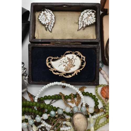 179 - A SELECTION OF WHITE METAL AND COSTUME JEWELLERY, to include a white enamel Siam earring and brooch ... 