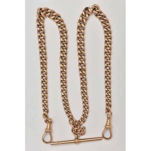 18 - A YELLOW METAL ALBERT CHAIN, graduated curb link chain each link stamped 9c, fitted with two lobster... 