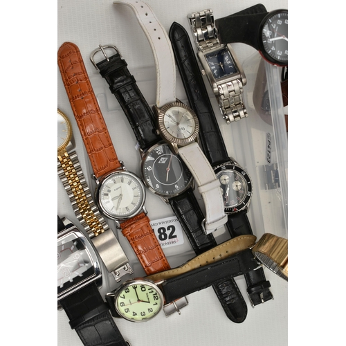 182 - A SMALL PLASTIC BOX OF WRISTWATCHES, mostly gents watches with names to include 'Diesel, Lee Cooper,... 