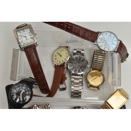 182 - A SMALL PLASTIC BOX OF WRISTWATCHES, mostly gents watches with names to include 'Diesel, Lee Cooper,... 