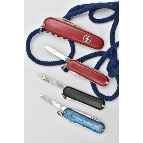 184 - FOUR SWISS ARMY KNIVES, three 'Victorinox' small Swiss army knives together with a larger 'Victorino... 