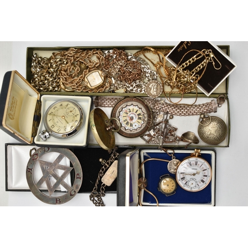 186 - AN ASSORTMENT OF SILVER, WHITE METAL AND WATCHES, a silver identification bracelet, hallmarked Birmi... 