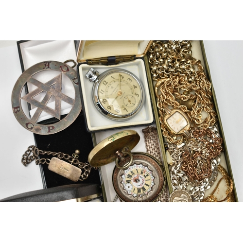 186 - AN ASSORTMENT OF SILVER, WHITE METAL AND WATCHES, a silver identification bracelet, hallmarked Birmi... 