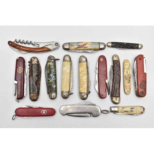 187 - A SMALL BOX OF POCKET KNIVES, to include fifteen pocket knives, some fitted with additional tools (c... 