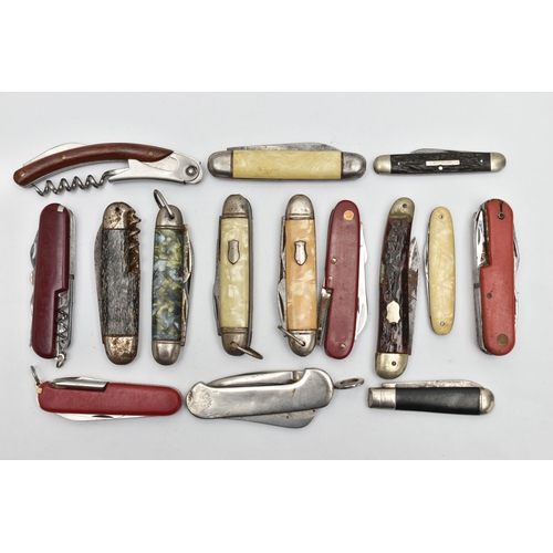 187 - A SMALL BOX OF POCKET KNIVES, to include fifteen pocket knives, some fitted with additional tools (c... 