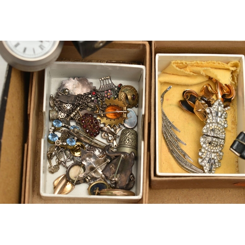 188 - A BOX OF ASSORTED ITEMS, to include a white metal mourning brooch, painted picture of a lady with a ... 