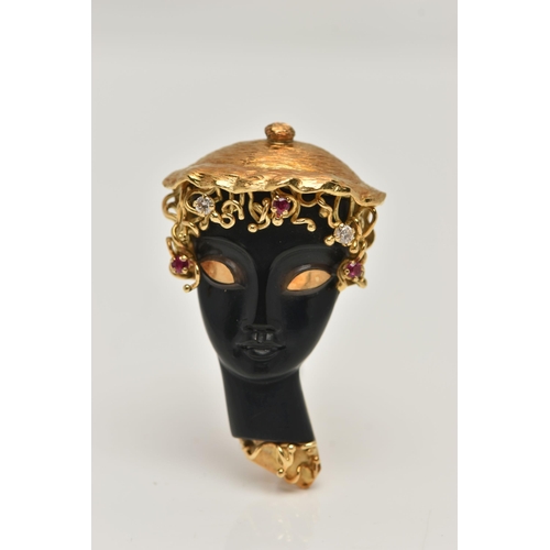 19 - AN 18CT GOLD BLACKAMOOR STYLE BROOCH, depicting a front profile of a lady, set with three small circ... 