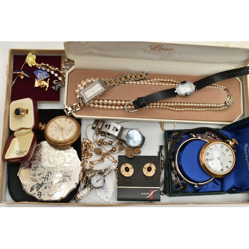 190 - A BOX OF ASSORTED JEWELLERY AND ITEMS, to include a 'Smiths' manual wind pocket watch, fitted with a... 